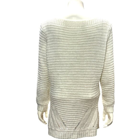 CCC Loose Knit White Long Sleeve Sweater Ribbed Stripes Eyelet Detail Lightweigh - Picture 3 of 6
